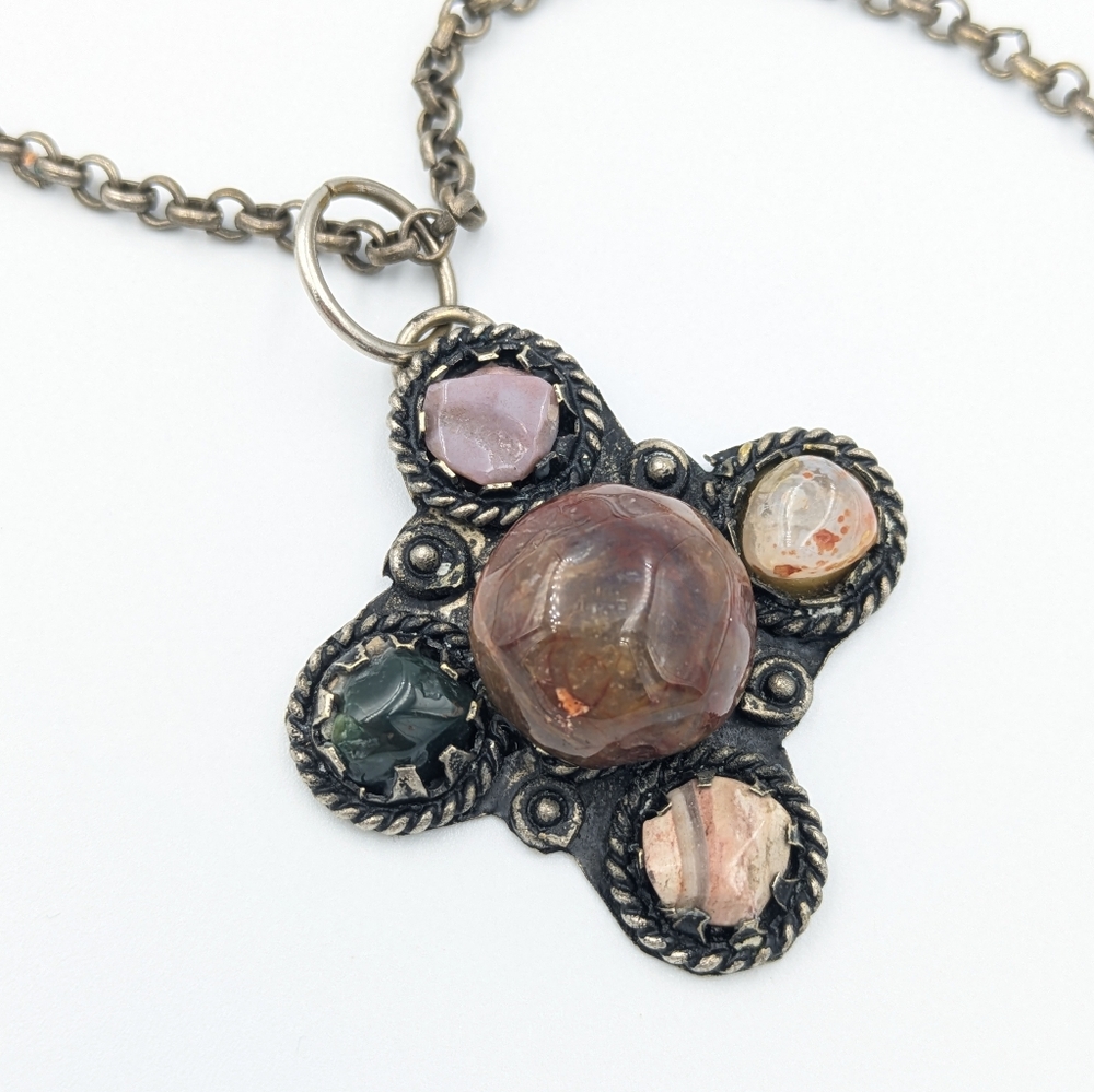 Vintage real stone silver metalwork pendant chain necklace